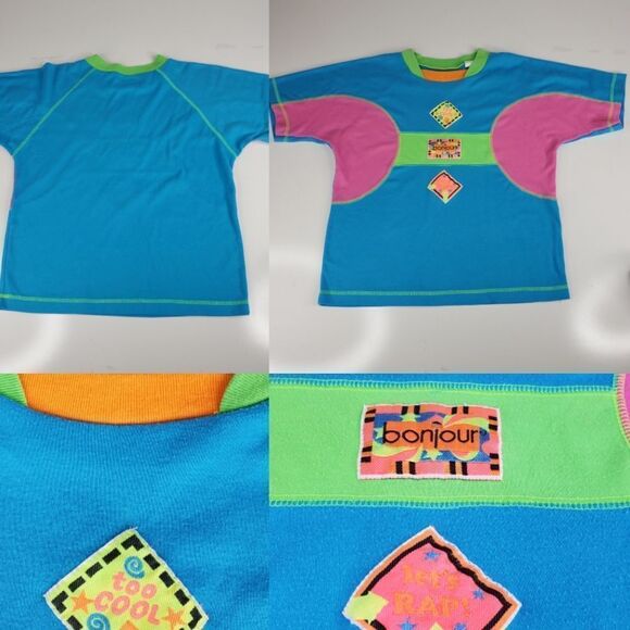 bonjour Tops - BONJOUR 90's VINTAGE NEON EMBROIDERED TOP BON JOUR BLUE PINK RETRO large